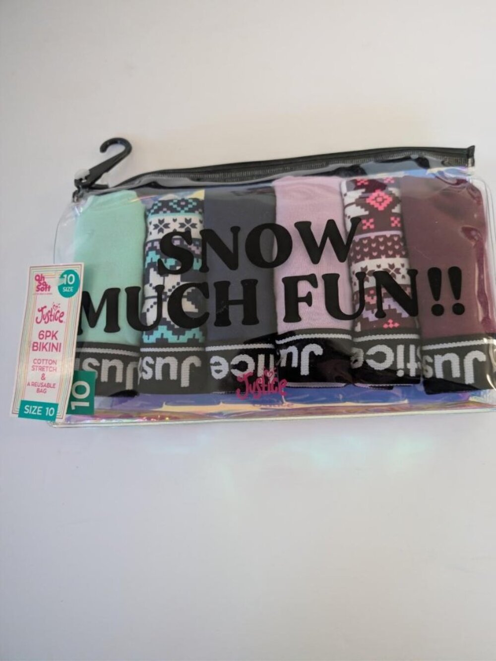 Justice Graphic Bikini Girl's Undies Snow Much Fun, 6 Pack, Size 10 - New